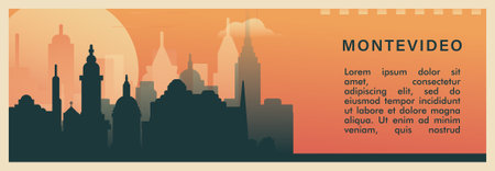 Montevideo city brutalism vector banner with skyline, cityscape. Uruguay capital retro horizontal illustration. Travel layout for web presentation, header, footerのイラスト素材