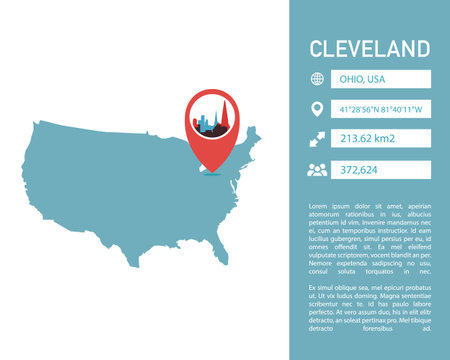 USA Cleveland map shape vector infographics template. Modern United States of America, Ohio state city data statistical illustration, graphic, layoutのイラスト素材