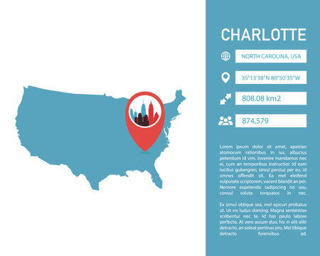 USA Charlotte map shape vector infographics template. Modern United States of America, North Carolina state city data statistical illustration, graphic, layoutのイラスト素材