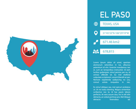 El Paso USA map shape vector infographics template. Modern United States of America, Texas state city data statistical illustration, graphic, layoutのイラスト素材