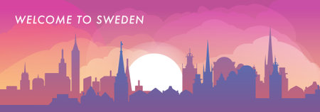 Welcome to Sweden skyline with cities panorama, gradient vector banner. Colorful Stockholm, Malmo, Gothenburg silhouette for footer, steamer, header, horizontal graphicのイラスト素材