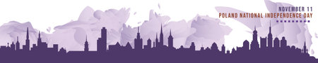 Happy Poland Independence Day in November banner with cities skyline, panorama. Flat vector celebration graphic, layout for footer, steamer, headerのイラスト素材