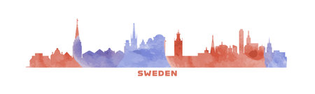 Sweden country skyline with cities panorama, watercolor style. Vector flat banner, logo. Stockholm, Gothenburg, Malmo silhouette for footer, steamer, header. Isolated graphicのイラスト素材