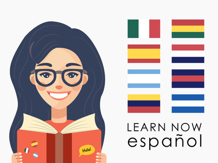 Spanish language school, online courses concept with happy young girl, book, dictionary and Spanish speaking country flags. Vector flat image for banner, poster, advertisingのイラスト素材