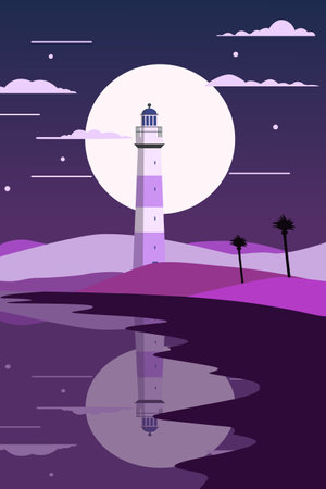 Vintage style beach, coastal landscape with lighthouse at night, vector retro poster illustrationのイラスト素材