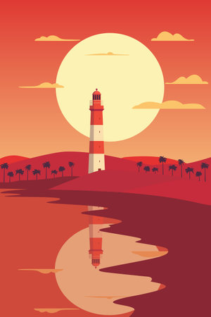 Vintage style coastal landscape with lighthouse at sunset or sunrise, vector retro poster illustrationのイラスト素材
