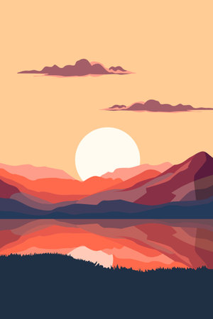 Vintage style landscape with mountains or hills at sunset or sunrise, vector retro poster illustrationのイラスト素材