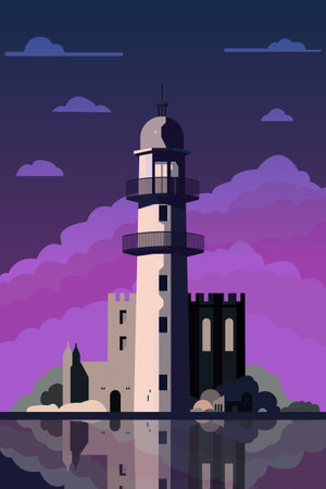 Vintage style lighthouse image. Coastal beacon landscape at night, vector retro poster illustrationのイラスト素材