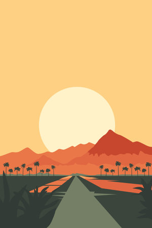 Vintage style landscape with mountains or hills at sunset or sunrise, vector retro poster illustrationのイラスト素材