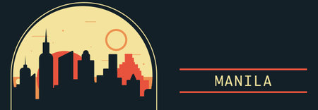 Manila city retro style vector banner with skyline, cityscape. Philippines vintage horizontal illustration. Travel long layout for web, presentation, header, footer, infographicsのイラスト素材