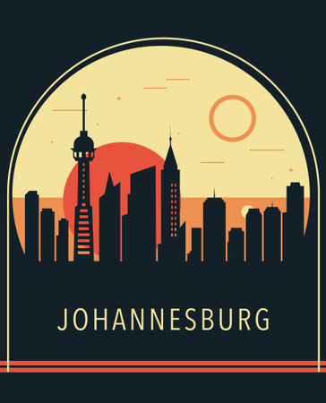 Johannesburg city retro style poster with skyline, cityscape. South Africa vintage vector illustration. Travel front cover, brochure, flyer, leaflet template, layout imageのイラスト素材
