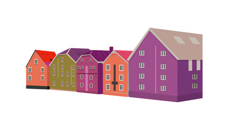 Vector clipart with houses in european, scandinavian style. Isolated suburb, city real estate with panoramic facade view graphicのイラスト素材