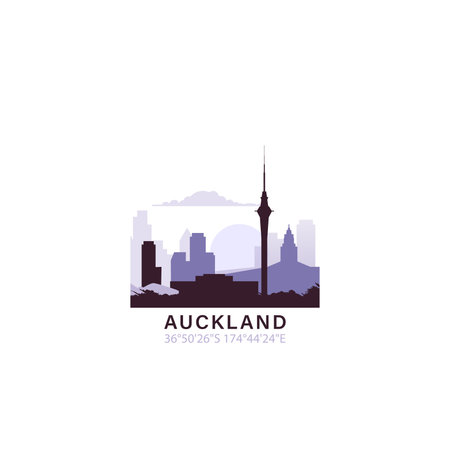 Auckland logo with skyline, cityscape retro vector icon. New Zealand city horizon, facade, travel logotypeのイラスト素材