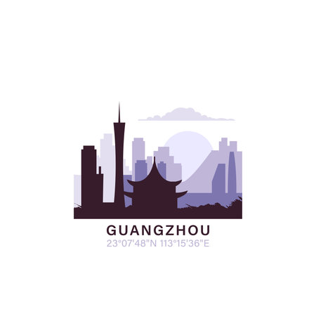 Guangzhou logo with skyline, cityscape retro vector icon. China city horizon, facade, travel logotypeのイラスト素材