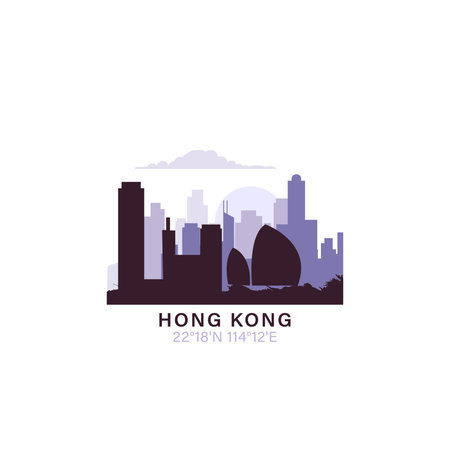 Hong Kong logo with skyline, cityscape retro vector icon. China city horizon, facade, travel logotypeのイラスト素材