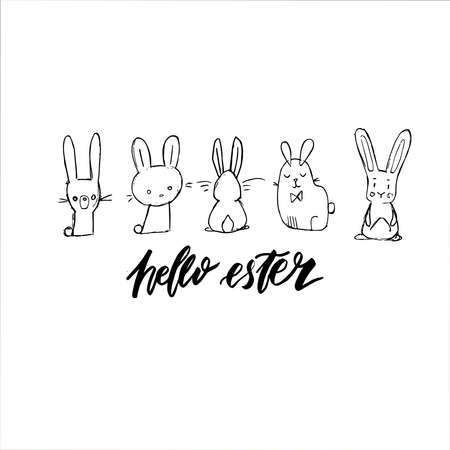 Happy Easter lettering background. Easter eggs composition hand drawn. Vector illustration greeting card, ad, promotion, poster, flyer, web-banner, article.のイラスト素材