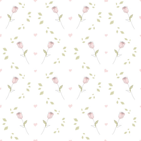 Seamless pattern with hand drawn rose flower continuous one line art. Minimalist contour drawing monoline pastel rose seamless pattern.のイラスト素材