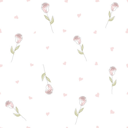 Seamless pattern with hand drawn rose flower continuous one line art. Minimalist contour drawing monoline pastel rose seamless pattern.のイラスト素材