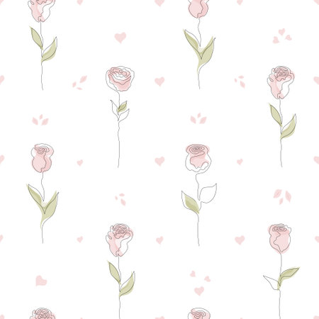 Seamless pattern with hand drawn rose flower continuous one line art. Minimalist contour drawing monoline pastel rose seamless pattern.のイラスト素材