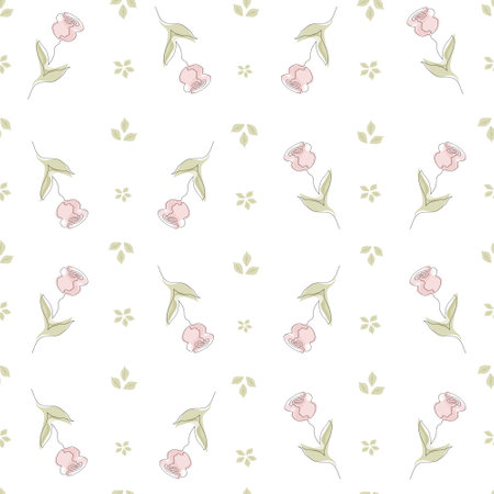 Seamless pattern with hand drawn rose flower continuous one line art. Minimalist contour drawing monoline pastel rose seamless pattern.のイラスト素材