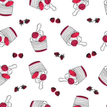 Seamless pattern with raspberry dessert. Doodle hand drawn cute ice cream in a cap with pink, crimson balls and raspberries in a seamless pattern on a white backgroundのイラスト素材