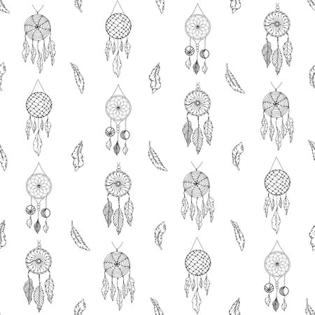 Seamless pattern with hand drawn various dreamcatchers with spiderweb, threads, beads and feathers in boho style. Black on white background.のイラスト素材