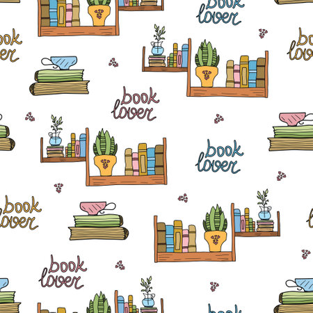 Colorful seamless pattern with hand drawn doodle cute books on a bookshelf in a cozy setting with heart shapes, houseplants, a cup on a stack of books, and a Booklover lettering.のイラスト素材