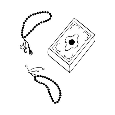 Set of hand drawn Islamic holy day clipart. Doodle symbols of Islam - Quran book and prayer beads, muslim rosary. Isolated on white background.のイラスト素材