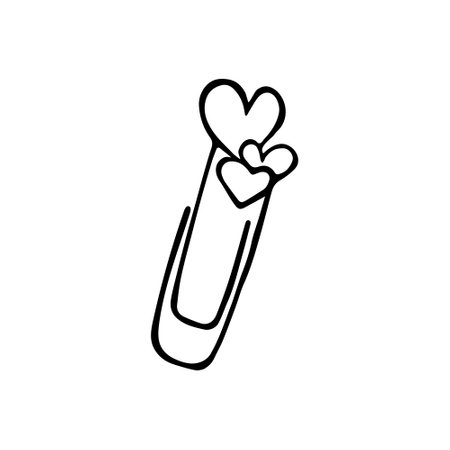 Hand drawn doodle paperclip bookmark with heart shaped decoration. School and hobby supplies, stationery clipart. Isolated on white background.のイラスト素材