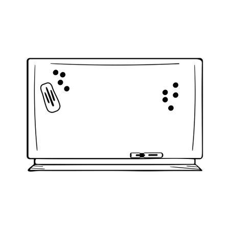 Hand drawn doodle whiteboard with magnets, marker and eraser. Copy space on marker board. Isolated on white background.のイラスト素材
