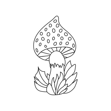 Hand drawn mushroom in grass, doodle cute fly agaric in cartoon style. Isolated on white background.のイラスト素材