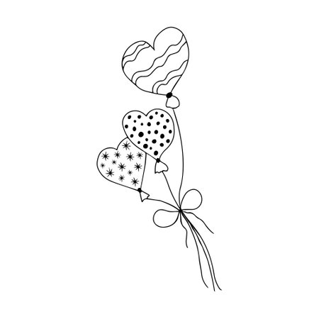 Hand drawn three balloons with a pattern of heart shapes, dots, star and snowflake shapes. Doodle Love symbols holiday clipart. Valentine s Day concept. Isolated on white background.のイラスト素材