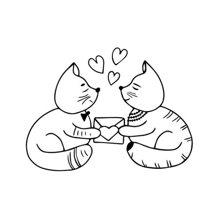 Hand drawn two cute cats in love holding a Valentine s card, a love letter in their paws. Doodle Love symbols holiday clipart. Valentine s Day concept. Isolated on white background.のイラスト素材