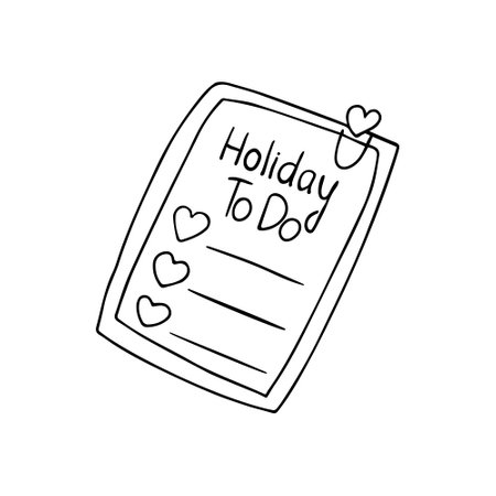 Hand drawn cute memo sticker with a holiday To Do list lettering with a heart shaped paper clip. Doodle Love symbols holiday clipart. Valentine s Day concept. Isolated on white backgroundのイラスト素材