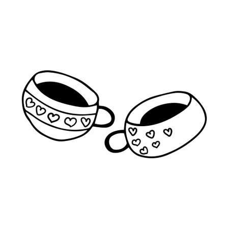 Hand drawn two coffee or tea cups with heart shapes pattern. Doodle Love symbols holiday clipart. Valentine s Day concept. Isolated on white backgroundのイラスト素材