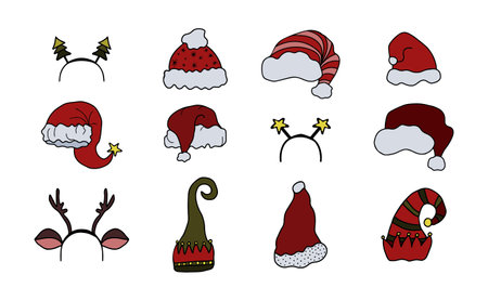 Christmas Hats and Headbands Colorful Doodle Set. Various hand drawn Santa hats, elf hats, toy reindeer horns, cute Christmas tree headbands. Isolated on white background.のイラスト素材