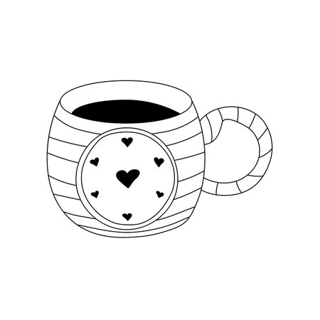 Hand drawn doodle hot drink mug with stripes and hearts pattern. Cute cup with coffee or tea. Isolated on white backgroundのイラスト素材