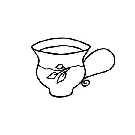 Hand drawn doodle hot drink cup with leaf design on stem. A mug of coffee or tea with leaves pattern on stem. Isolated on white backgroundのイラスト素材
