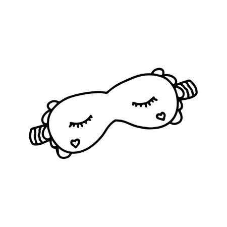 Hand drawn doodle sleep mask, eyelashes, heart shapes. Cute sleeping mask. Isolated on white backgroundのイラスト素材