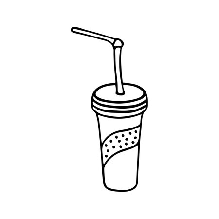 Hand drawn doodle simple disposable paper cup for soda, cold drink with drinking straw with dots pattern. Isolated on white backgroundのイラスト素材