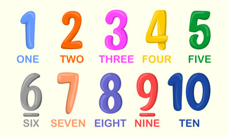 Numbers for children, from 1 to 10. Children's learning materials. Cards for learning numbers. Numbers 1-10. colored numbers in bubble.のイラスト素材