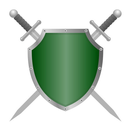 green shield with crossed swords behind it isolated on transparent background, vector illustration, eps or editable vectorのイラスト素材