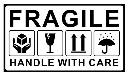 Fragile package icons set, handle with care logistics and delivery shipping labels. Fragile box. Just Print and Use, Vectorのイラスト素材