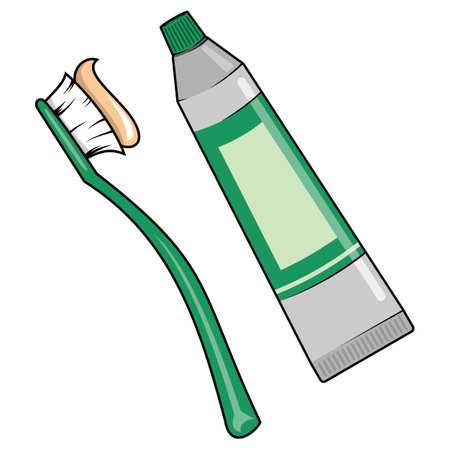 Toothbrush and Toothpaste Icon, Flat Design Vector for Oral Hygiene, Colorful Striped Paste, and Dental Health Conceptのイラスト素材
