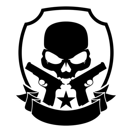 vector logo icon design consists of a skull,two weapons,a star,a ribbon and a shield behind it.black and white monochrome logotype.suitable for icons,logos,emblems,badges,symbols.のイラスト素材