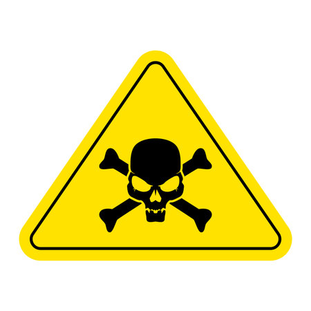 Warning, hazardous symbol featuring a skull icon. Cautionary skull emblem. Lethal alert, dangerous poison in a yellow triangle design. Vector graphic illustration.のイラスト素材