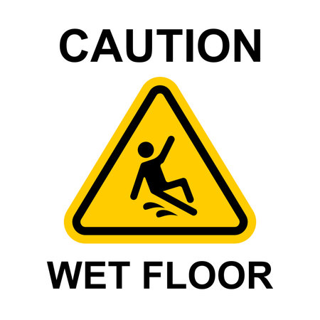 A caution sign warns people of a wet floor. The sign is yellow and black and features a person falling on a wet floorのイラスト素材