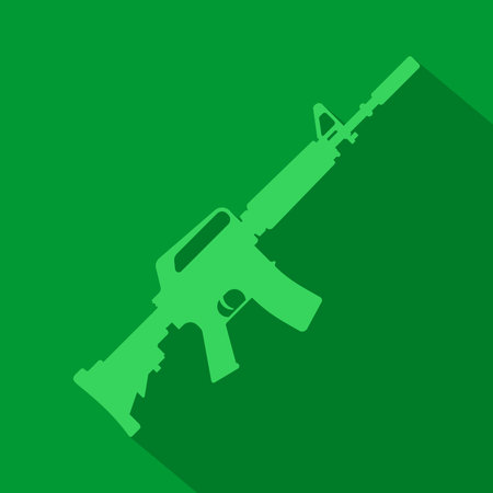 Firearms Military M16 Assault Rifle Icon. Automatic machine gun, classic armament line art with editable stroke. Silhouette with shadow, tactical carbine vector illustrationのイラスト素材
