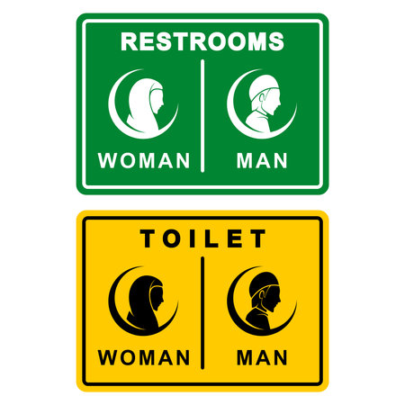 Muslim Restroom Sign Icons. Toilet and Restrooms Sticker Template, Editable EPS for Easy Printing on White Background. Graphic flat silhouette design Vector Illustrationのイラスト素材