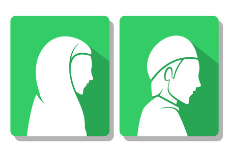 Muslim man and woman icon isolated on white background, Vector illustration editable and scalable, for design elements. Islamic girl and boy banner with style flat silhouette.のイラスト素材